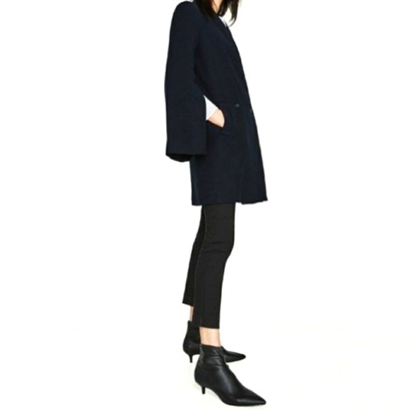 Zara Split-Sleeve Navy Blue Wool Blend Double Breasted Crossover Coat - Picture 6 of 15